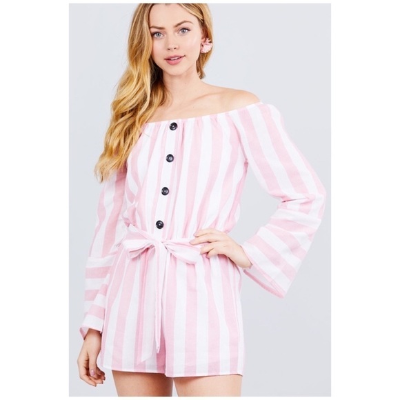 Pants - 🌟Off Shoulder Bell Sleeve Stripe Romper Pink 1620